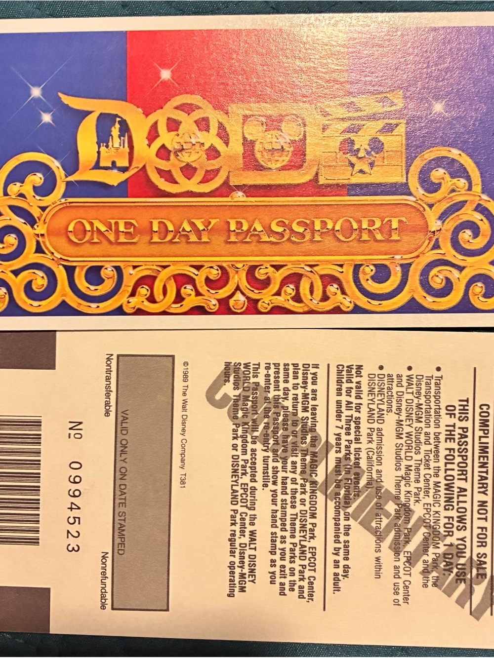 Rare 1989 Walt Disney One Day Passport
